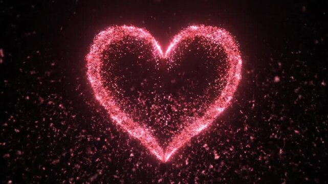 valentinsday 2026 Glowing red heart shape made of sparkling particles on dark background with valentine and love and romance ramdan mubarakha