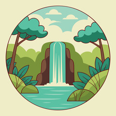 Fantasy landscape with a waterfall cascading 