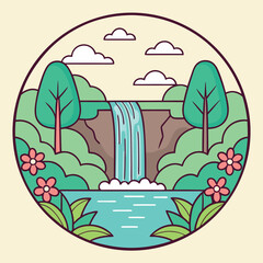 Fantasy landscape with a waterfall cascading 