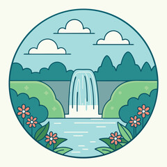 Fantasy landscape with a waterfall cascading 