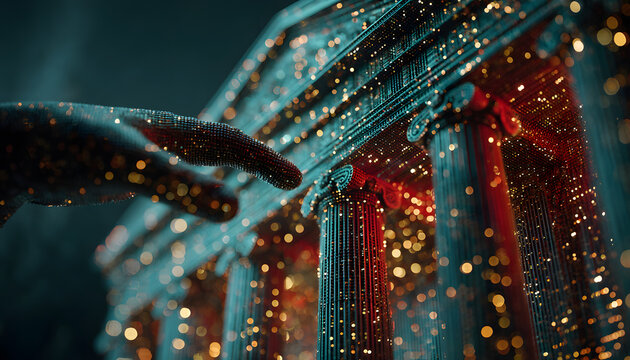 Digital Banking Concept: A luminous bank building hologram floats above a hand, set against a backdrop of binary code and neon lights, symbolizing the future of banking and finance. - Powered by Adobe