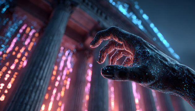 Digital Banking Concept: A luminous bank building hologram floats above a hand, set against a backdrop of binary code and neon lights, symbolizing the future of banking and finance. - Powered by Adobe