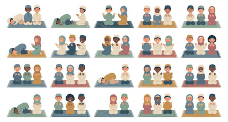 Illustration of Muslim children praying in various poses, symbolizing faith and community