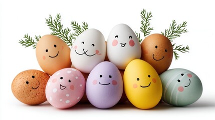 Happy Easter Eggs with Smiling Faces and Pine Branches