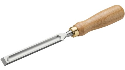 A chisel with a wooden handle and metal blade on transparent background