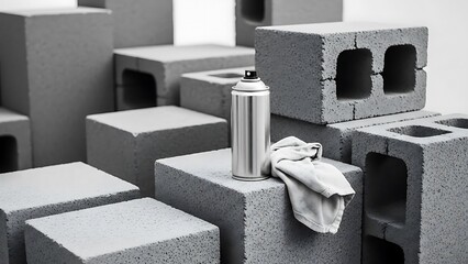 Silver spray can on gray concrete blocks with cloth