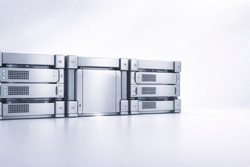 Modular metal infrastructure system with a visibly isolated central unit on white background with soft lighting symbol of secure data separation and enterprise cloud architecture