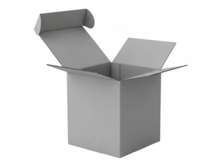 Open empty gray cardboard box ready for packing isolated on transparent background