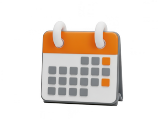 Modern calendar icon with orange highlights and circular handles isolated on transparent background