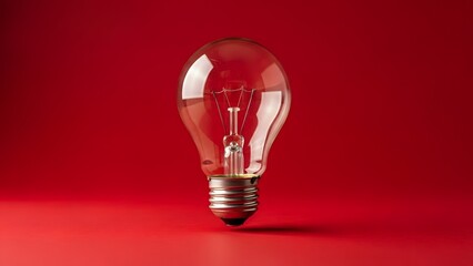 Clear light bulb on a red background with subtle shadow.