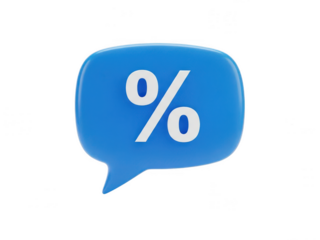 A blue speech bubble containing a white percentage symbol on a white background isolated on transparent background
