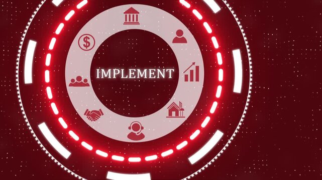 A implement button on a clear projection ,Red wave digital data flow. Seamless loop technology network background concept . Futuristic digital technology animated background concept.
