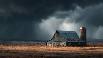 Stormy sky above rural farm with barn and silo, highlighting weather hazards in farming environments