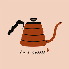 Milk pitcher, coffee kettle. Unique trendy style. Coffee Icon for menus, coffee shop, cafe, restaurant. Hand drawn modern Vector illustration. Isolated design element. Sticker, logo, print template 