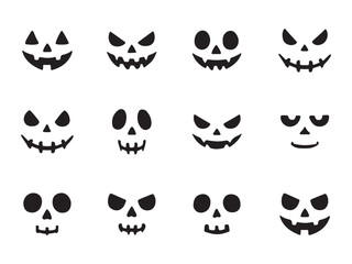 Obraz premium Silhouette of spooky cute halloween face icon set black vector illustration