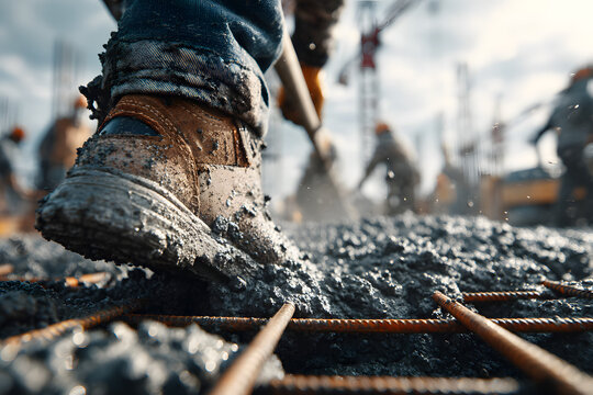 A groundworker skillfully pours concrete onto a metal grid at a construction site. This image highlights the crucial step of laying a solid foundation for building projects.