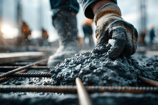 A groundworker skillfully pours concrete onto a metal grid at a construction site. This image highlights the crucial step of laying a solid foundation for building projects.