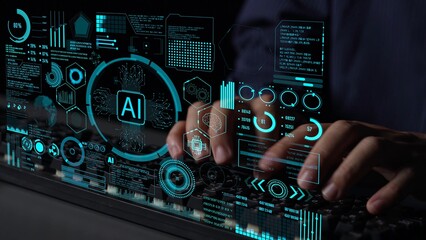 Fototapeta premium AI Assistant Brain Processor with LLM Technology, Big Data, Machine Learning, Generative AI for Business Support, Future Agentic AI Technology and Artificial Intelligence Prompt Engineering. Thunk
