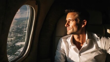Successful businessman looking out private jet window at city below during golden hour - Powered by Adobe