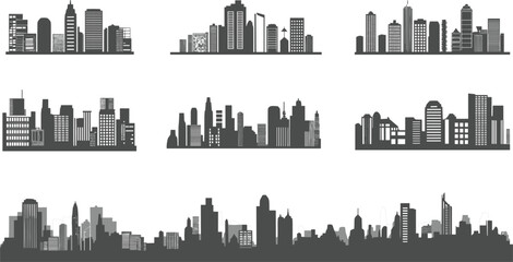 Set of black city skyline silhouettes, urban landscape panoramas and modern metropolis building outlines for graphic design