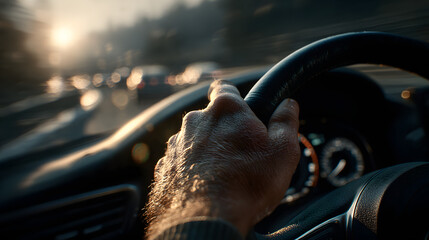 Action of a driver is gripping on steering wheel to control the car during driving. Transportation mode with close-up and selective focus on the hand.