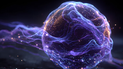 Neon futuristic 3d sphere of blue and purple glowing digital waves and particles. Future technology concept, Artificial Intelligence, engineering, and science. Abstract energy orb. Data, innovations.