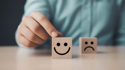 Person choose circle wood block with Happy smile and Unhappy Sad face Blurred. Customer review satisfaction feedback survey concept.