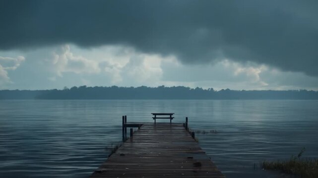 Moody dramatic sky over a tranquil lake with a long wooden pier leading to a solitary bench, reflecting a peaceful yet ominous landscape.