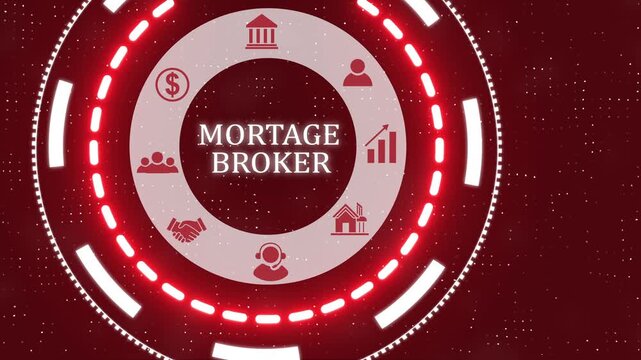 A mort age broker button on a clear projection ,Red wave digital data flow. Seamless loop technology network background concept . Futuristic digital technology animated background concept.