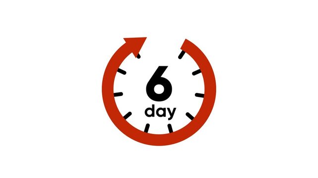 Countdown timer six days left circular clock with red arrow turning around clock face on white background