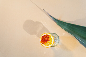 Mezcal shot with orange slice and worm salt