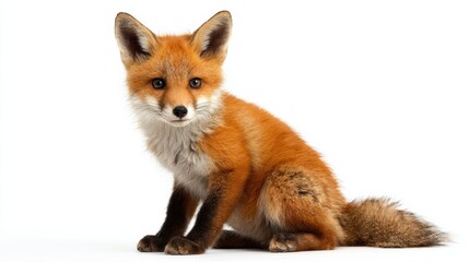 Obraz premium Curious Red Fox Kit Sitting on White Background With Alert Ears and Bushy Tail Ready for Wildlife Themes and Conservation Messages