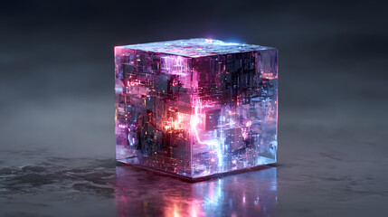 A futuristic glowing glass cube illuminated with vibrant pink and blue neon light, technology, innovation, data storage, digital blockchain, artificial intelligence and modern futuristic design.