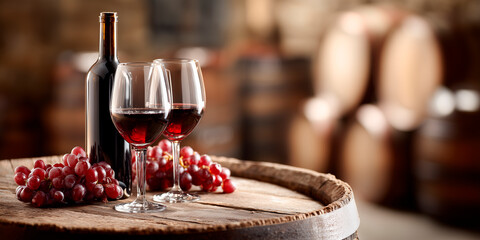 Bottle of wine and two wine glasses are on a wooden barrel