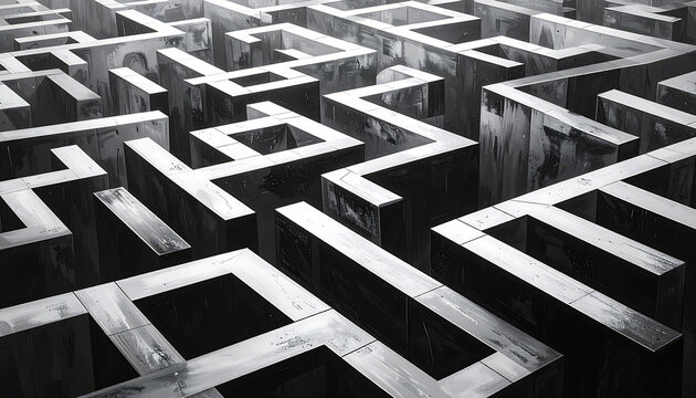 B&W maze of reflective, angular structures creates a disorienting and complex, geometric pattern