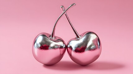 Chrome cherries sculpture on pastel pink background, glossy metallic still life with surreal pop art
