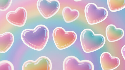 Playful candy-like hearts with shiny liquid textures and rainbow pastels scatter across a glowing background. Whimsical, joyful Valentine’s stock illustration.