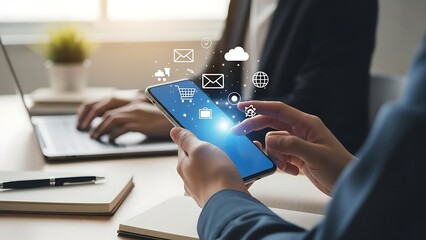 Person holding smartphone with digital floating above screen digital screen technology