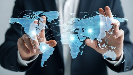 Businessperson holding digital map with glowing connections suit