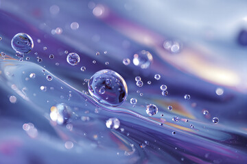 Iridescent water droplets on a glossy purple liquid surface &mdash; abstract macro close-up of floating bubbles, shimmering reflections and soft bokeh