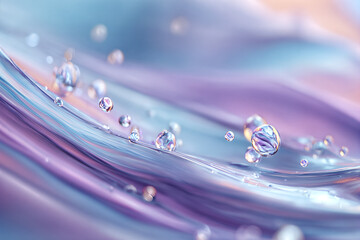 Pastel liquid close-up with iridescent water droplets &mdash; abstract macro background in purple, blue and pink with glossy bokeh reflections for design