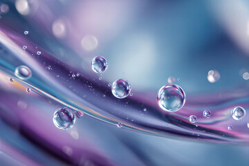 Iridescent water droplets suspended over flowing liquid - macro abstract background with glossy spheres, soft bokeh and purple-blue gradient for design