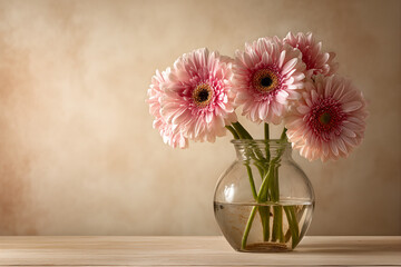 Soft Pink Gerbera Daisies in a Round Glass Vase on Wooden Table &mdash; Elegant Minimal Floral Still Life with Pastel Background and Natural Light