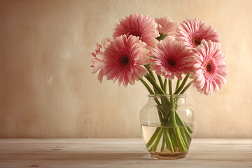 Soft Pink Gerbera Daisies Arranged in a Clear Glass Vase on a Rustic Wooden Table with Warm Sunlit Background &mdash; Elegant Floral Still Life