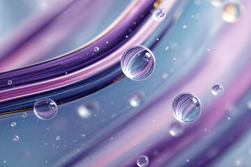 Macro Abstract Liquid Bubbles in Pastel Purple and Blue &mdash; Glossy Floating Droplets with Swirling Iridescent Streaks for Backgrounds