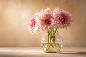 Soft Pink Gerbera Daisies in Round Glass Vase on Wooden Table &mdash; Warm Still Life Floral Arrangement for Home and Interior Decor