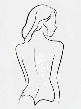 immagine stilizzata di una donna con una rosa bianca tatuata sulla schiena, stylized image of a woman with a white rose tattooed on her back
