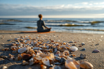 Seashells on a sunlit beach with a woman meditating by the ocean at sunrise, serene coastal mindfulness and peaceful seaside relaxation