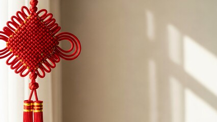 Chinese new year decoration with red knot and tassel on white background