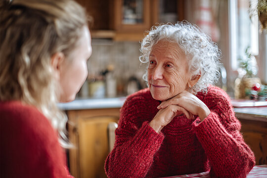 Warm intergenerational moment: smiling senior woman in cozy red sweater sharing a heartfelt conversation with younger family member in a kitchen